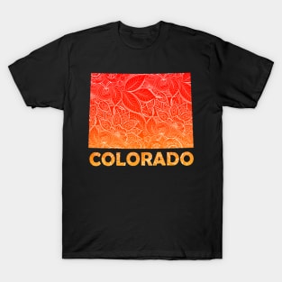 Colorful mandala art map of Colorado with text in red and orange T-Shirt